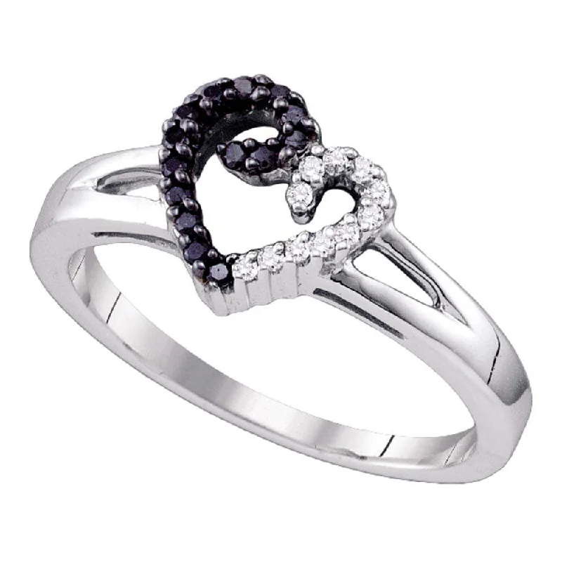 Branch-twist ring-Sterling Silver Black Color Enhanced White Diamond Heart Ring 1/6 Cttw Size 8