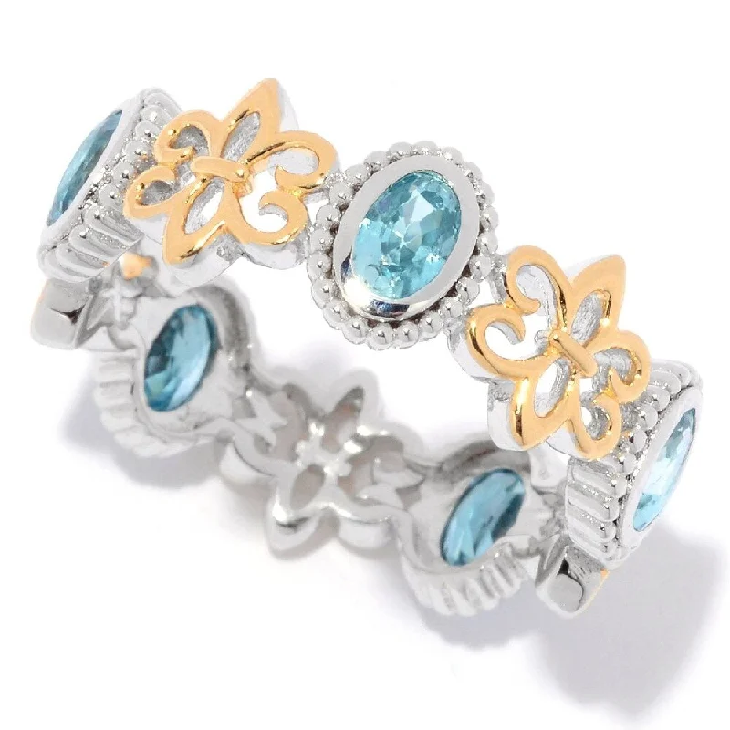 Cool topaz ring-Sterling Silver Oval Blue Zircon Fleur-de-lis Eternity Band Ring