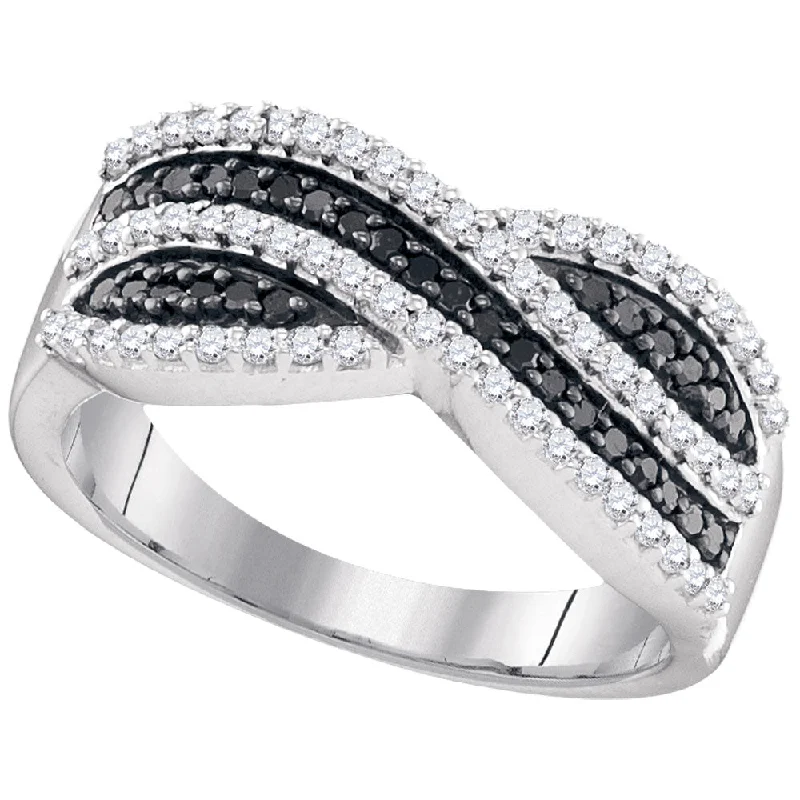 Protruding stone ring-Sterling Silver Womens Round Black Color Enhanced Diamond Crossover Stripe Band Ring 1/2 Cttw