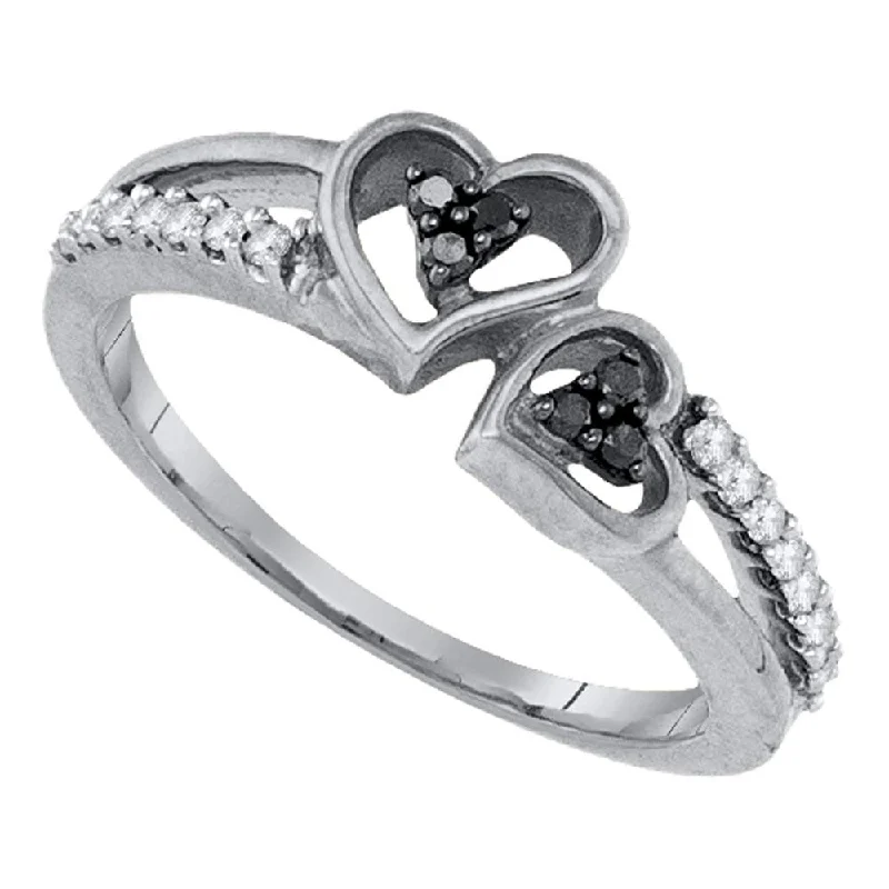 Radiant minimalist ring-Sterling Silver Womens Round Black Color Enhanced Diamond Double Heart Ring 1/5 Cttw