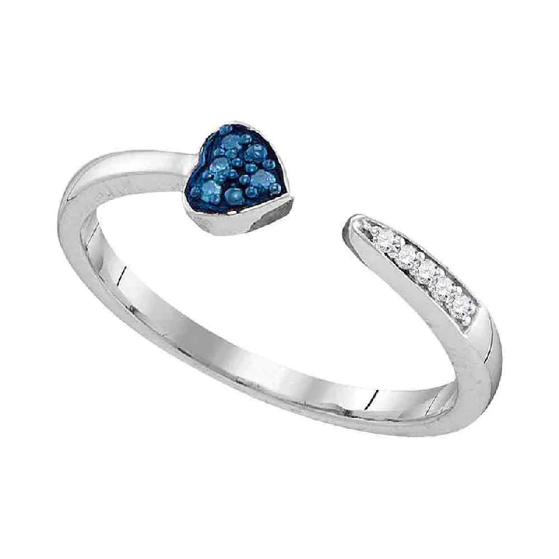 Speckled band ring-Sterling Silver Womens Round Blue Color Enhanced Diamond Bisected Heart Band 1/20 Cttw