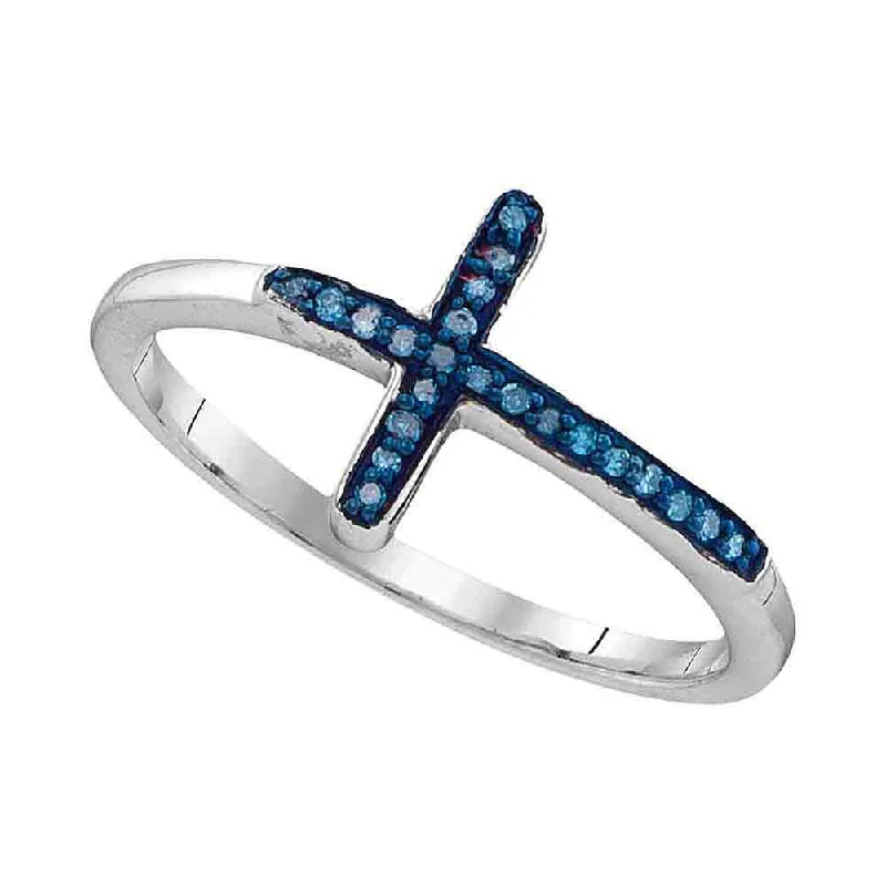 Ridge gem ring-Sterling Silver Womens Round Blue Color Enhanced Diamond Cross Fashion Ring 1/20 Cttw