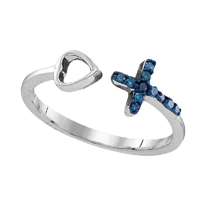 Worn nickel ring-Sterling Silver Womens Round Blue Color Enhanced Diamond Cross Heart Ring 1/10 Cttw