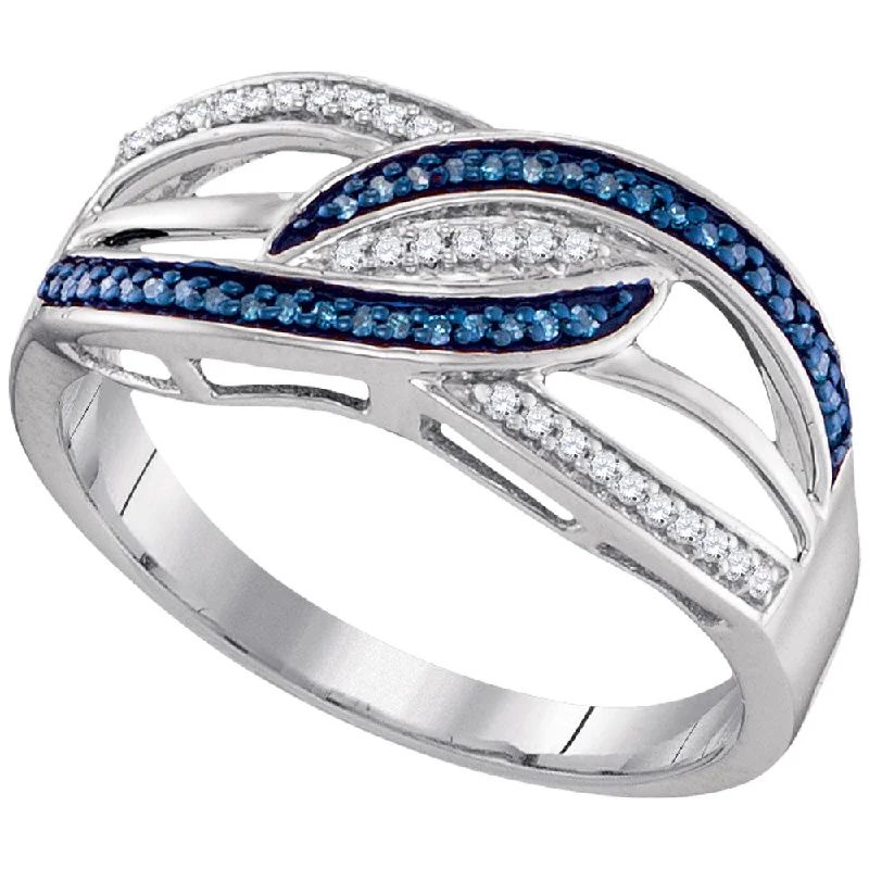 Speckled band ring-Sterling Silver Womens Round Blue Color Enhanced Diamond Crossover Strand Band 1/8 Cttw