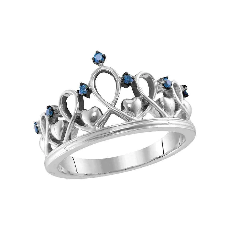 Rich howlite ring-Sterling Silver Womens Round Blue Color Enhanced Diamond Crown Tiara Ring 1/10 Cttw