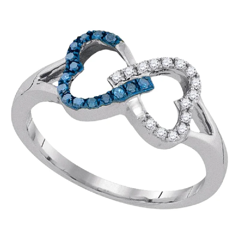 Old emerald ring-Sterling Silver Womens Round Blue Color Enhanced Diamond Double Linked Heart Ring 1/6 Cttw