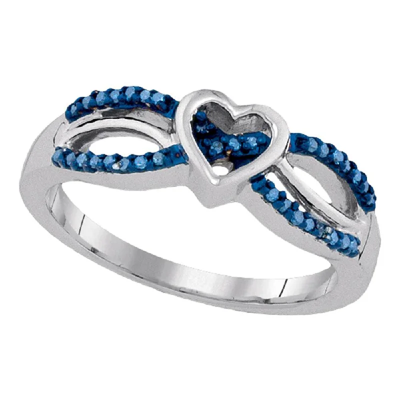 Seven-heart ring-Sterling Silver Womens Round Blue Color Enhanced Diamond Double Row Heart Ring 1/10 Cttw