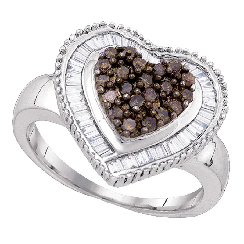 Radiant quartz ring-Sterling Silver Womens Round Brown Diamond Heart Cluster Ring 3/4 Cttw