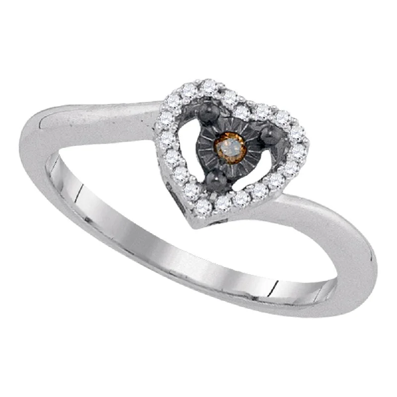 Gentle flow ring-Sterling Silver Womens Round Brown Diamond Heart Ring 1/10 Cttw