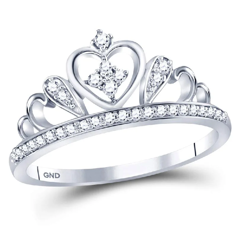 Satin cobalt ring-Sterling Silver Womens Round Diamond Crown Tiara Heart Ring 1/6 Cttw