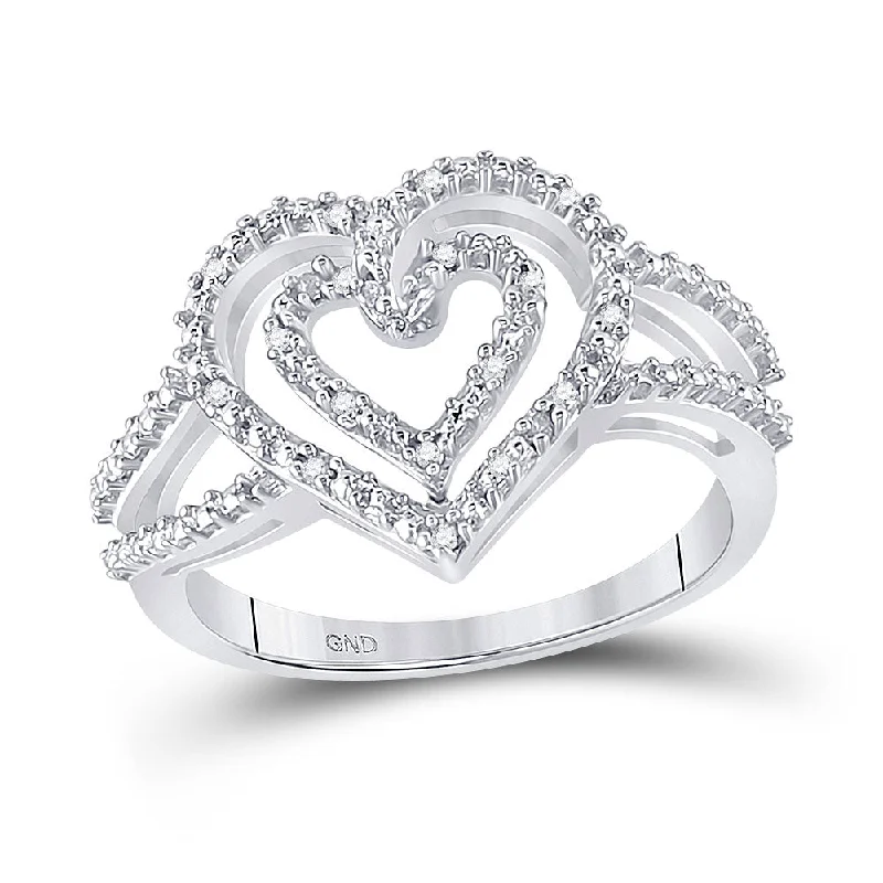 Hand-scored ring-Sterling Silver Womens Round Diamond Nested Double Heart Ring 1/20 Cttw