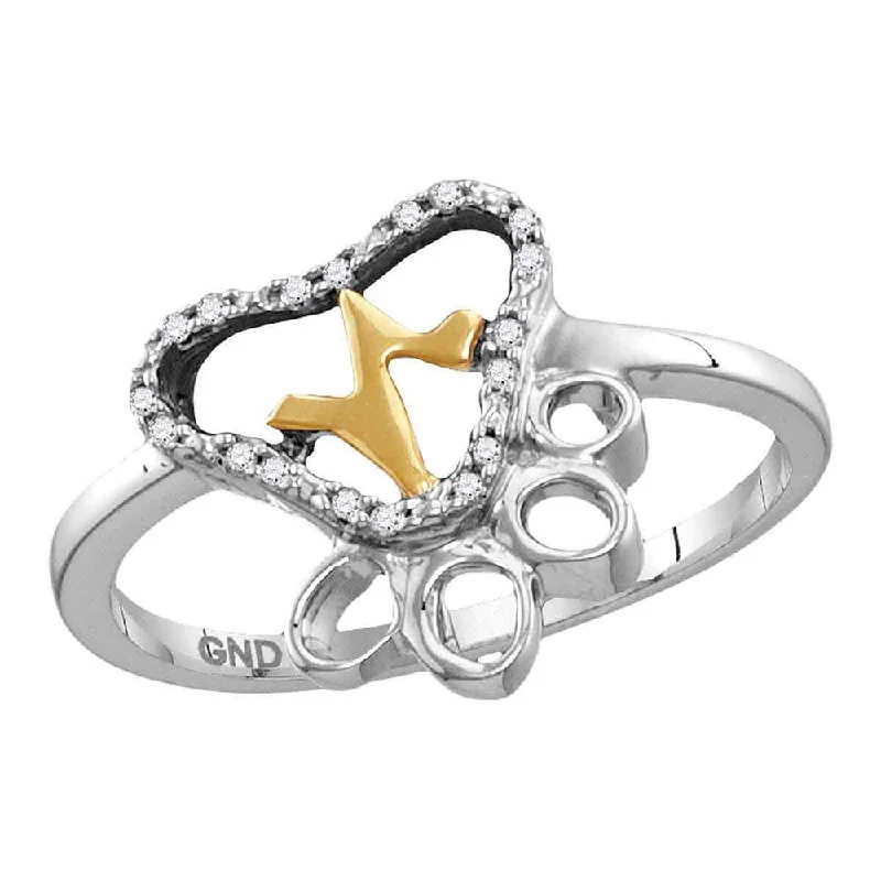 Open-shadow ring-Sterling Silver Womens Round Diamond Paw Print Yellow-tone Heartbeat Cluster Ring 1/20 Cttw