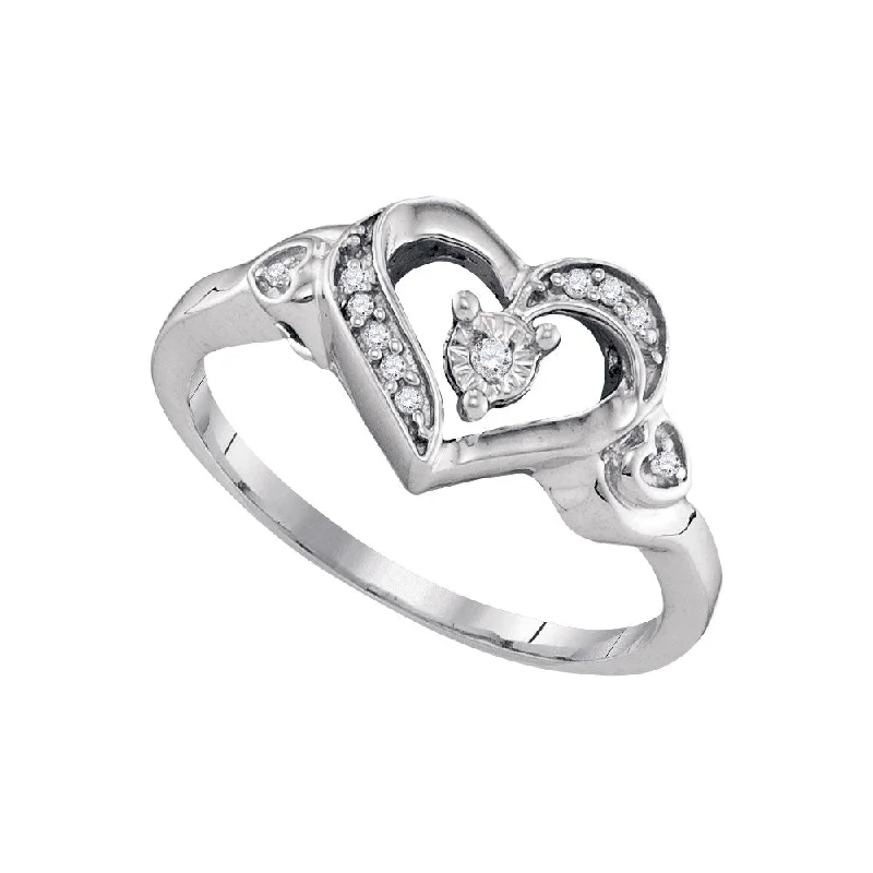 Scored band ring-Sterling Silver Womens Round Diamond Solitaire Heart Ring 1/20 Cttw