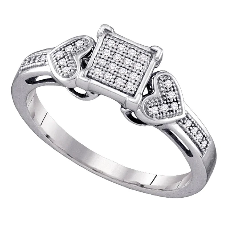 Paneled pattern ring-Sterling Silver Womens Round Diamond Square Cluster Heart Ring 1/10 Cttw