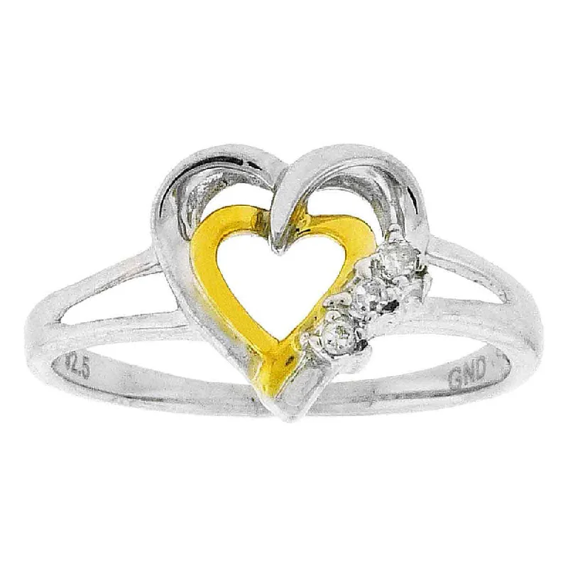 Connected band ring-Two-tone Sterling Silver Womens Round Diamond Double Heart Ring .03 Cttw Size 5