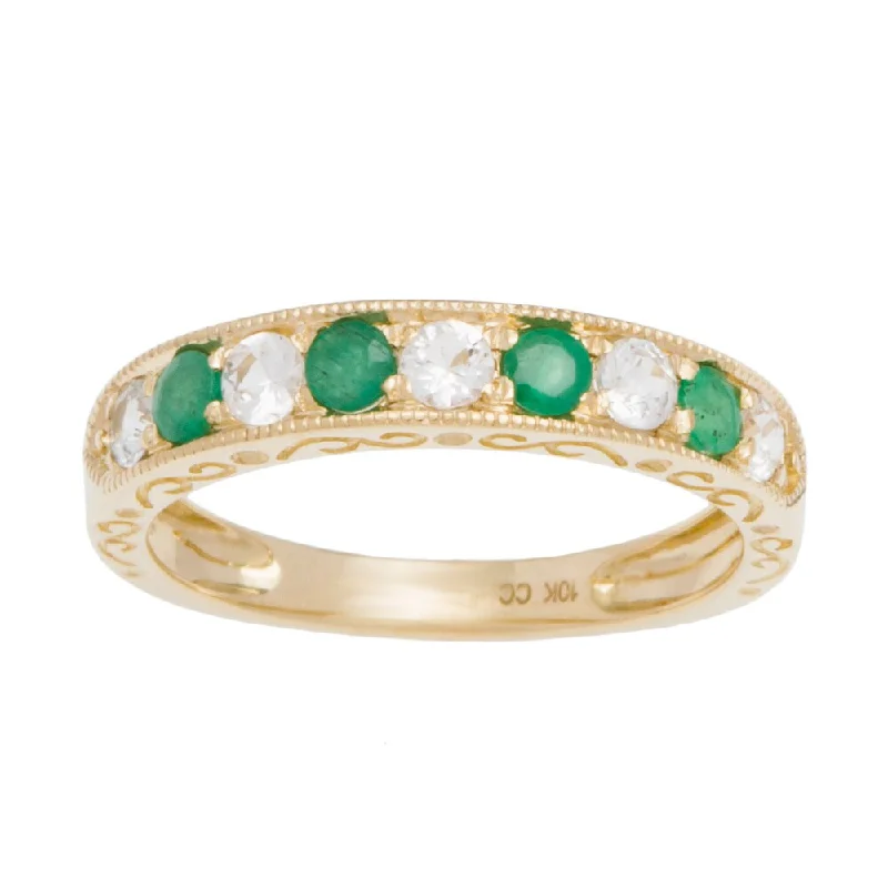 Encased stone ring-Viducci 10k Gold Emerald and White Sapphire Vintage Style Band