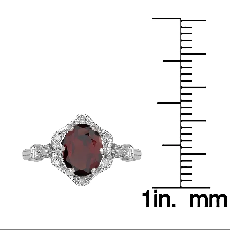 Extended diamond ring-Viducci 10k White Gold Vintage Style Genuine Oval Garnet and Diamond Halo Ring