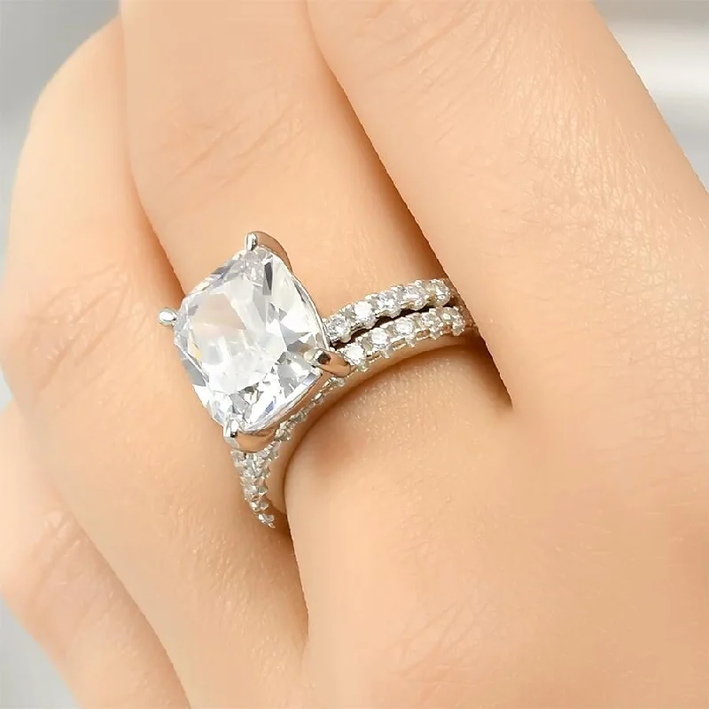 Protruding stone ring-Womens 7.0 CT Bridal Wedding Ring Set Cushion Cut Sterling Silver