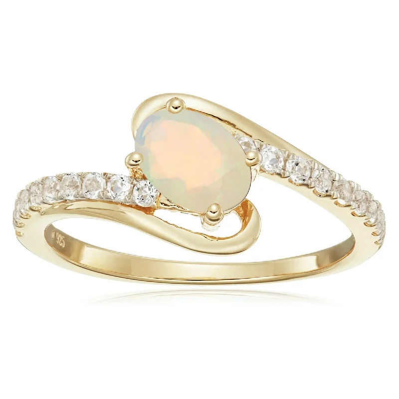 Thick pave ring-Yellow Gold Over Sterling Silver Ethiopian Opal and White Topaz Ring