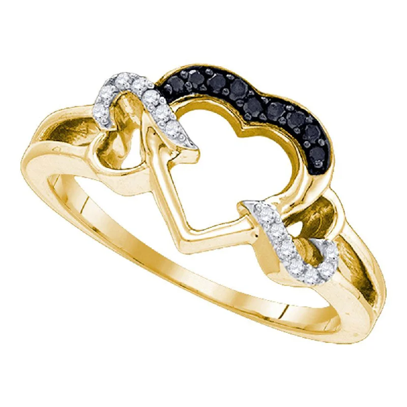 Winding design ring-Yellow-tone Sterling Silver Womens Round Black Color Enhanced Diamond Heart Ring 1/8 Cttw