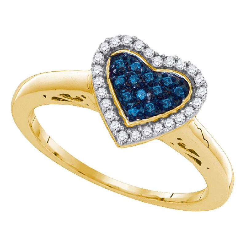 Sprout-bud ring-Yellow-tone Sterling Silver Womens Round Blue Color Enhanced Diamond Heart Ring 1/6 Cttw