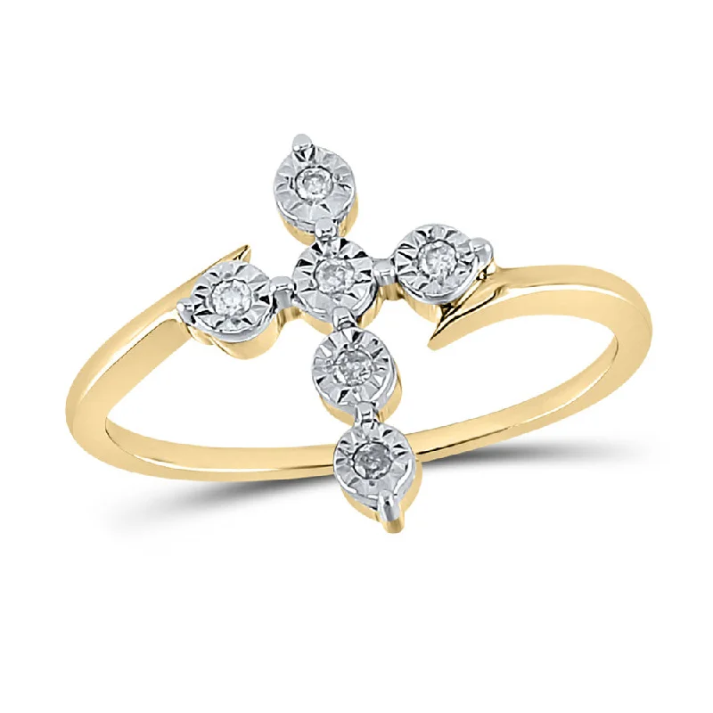 Sparkling silver ring-Yellow-tone Sterling Silver Womens Round Diamond Cross Fashion Ring 1/20 Cttw