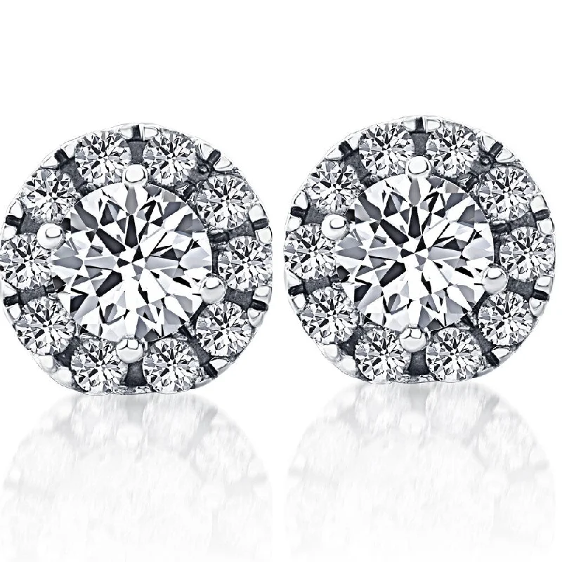 Radiant minimalist earrings-1 1/2ct Pave Halo Diamond Studs 14K White Gold