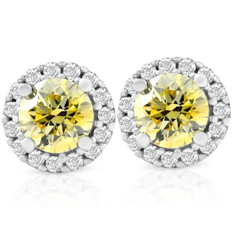 Antique howlite earrings-1/2 Ct Halo Fancy Canary Yellow Lab Grown Diamond Studs 10k White Gold Earrings