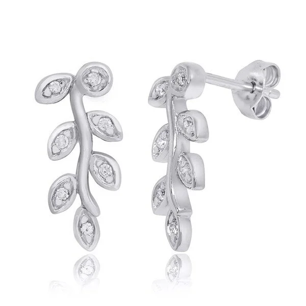 Protruding stone earrings-1/20 Carat CZ Stud Earrings Tree Leaf Sterling Silver Platinum Finish