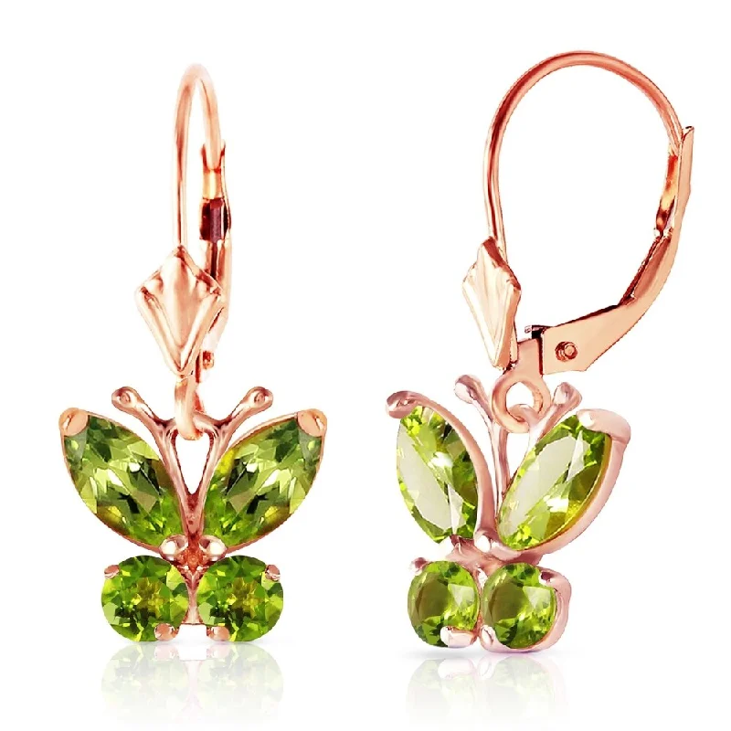 Tilted stone earrings-1.24 Carat 14K Solid Rose Gold Butterfly Earrings Peridot