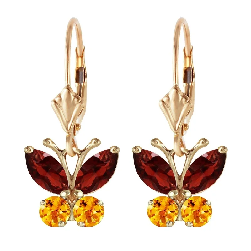 Fluted edge earrings-1.24 CTW 14K Solid Gold Butterfly Earrings Garnet Citrine