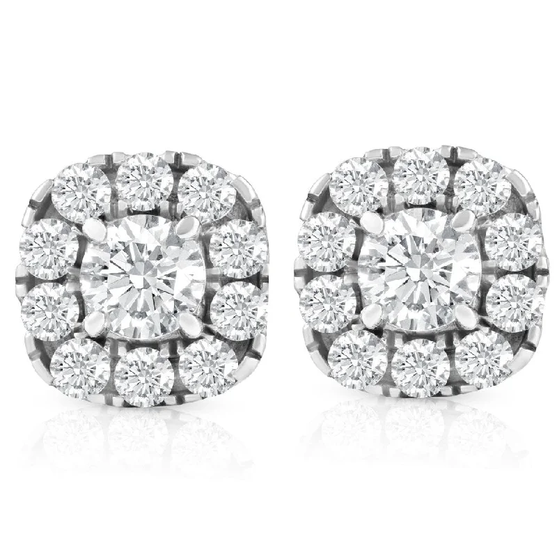 Wispy silver earrings-1 3/8ct Cushion Halo Diamond Studs 14K White Gold