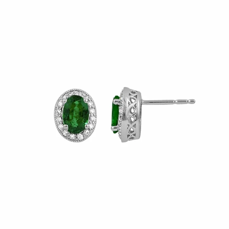 Shiny rhodium earrings-Emerald & Diamond Halo Earrings