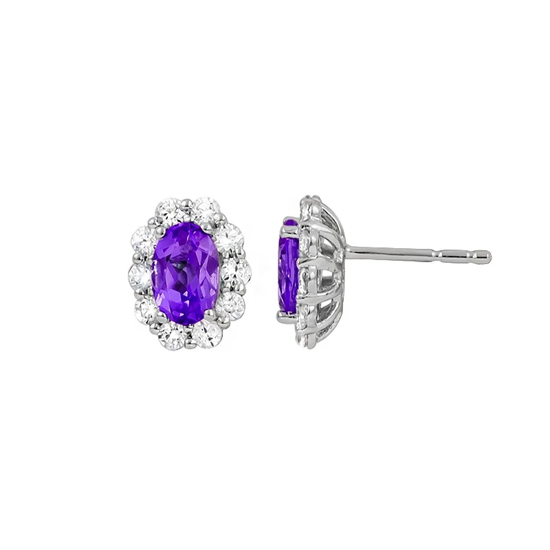 Branch-twist earrings-Oval Amethyst and Diamond Halo Earrings