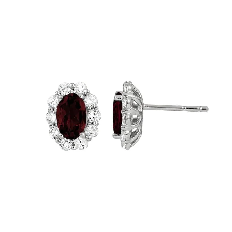 Woven thread earrings-Oval Garnet and Diamond Halo Earrings