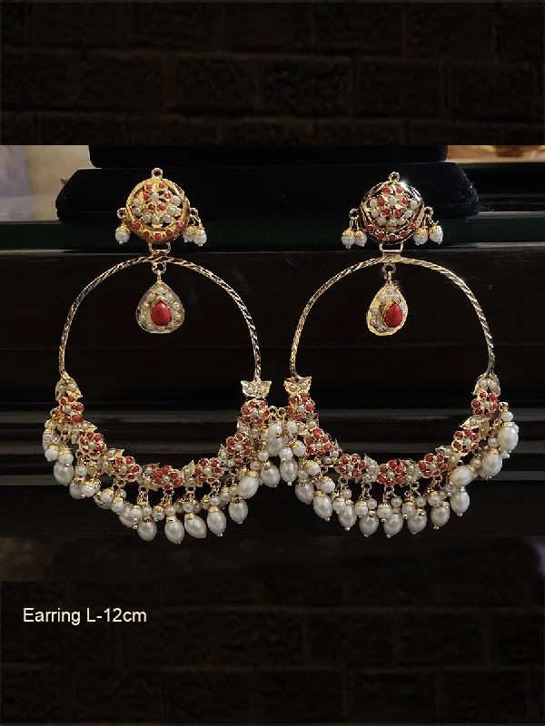 Paneled hoop earrings-12cm long jadau chandbalies with pearl drops