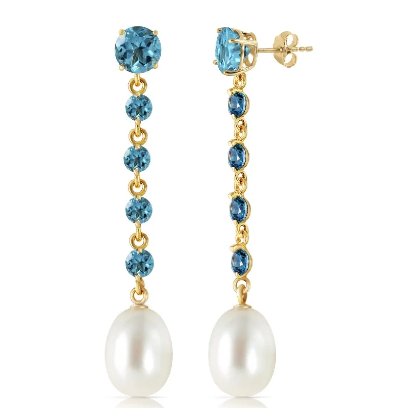 Wire-twirl earrings-14K Solid Gold Chandelier Blue Topaz & Pearl Gemstone Earrings