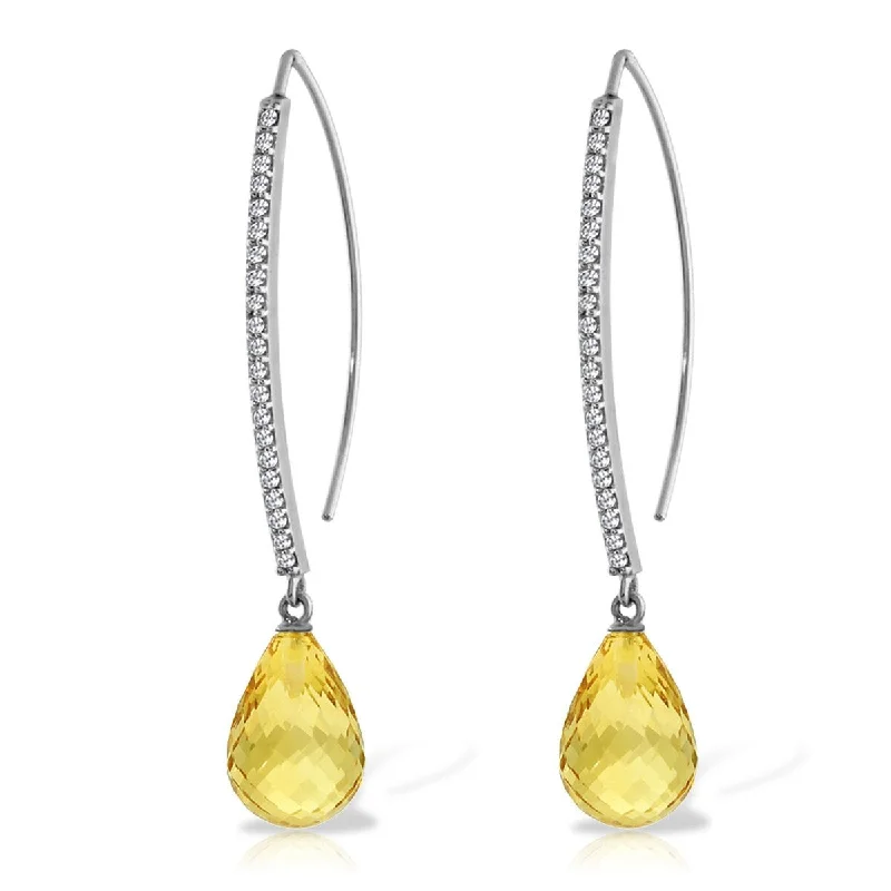 Wire-twirl earrings-14K Solid Gold Diamonds Hook Earrings w/ Dangling Briolette Citrines