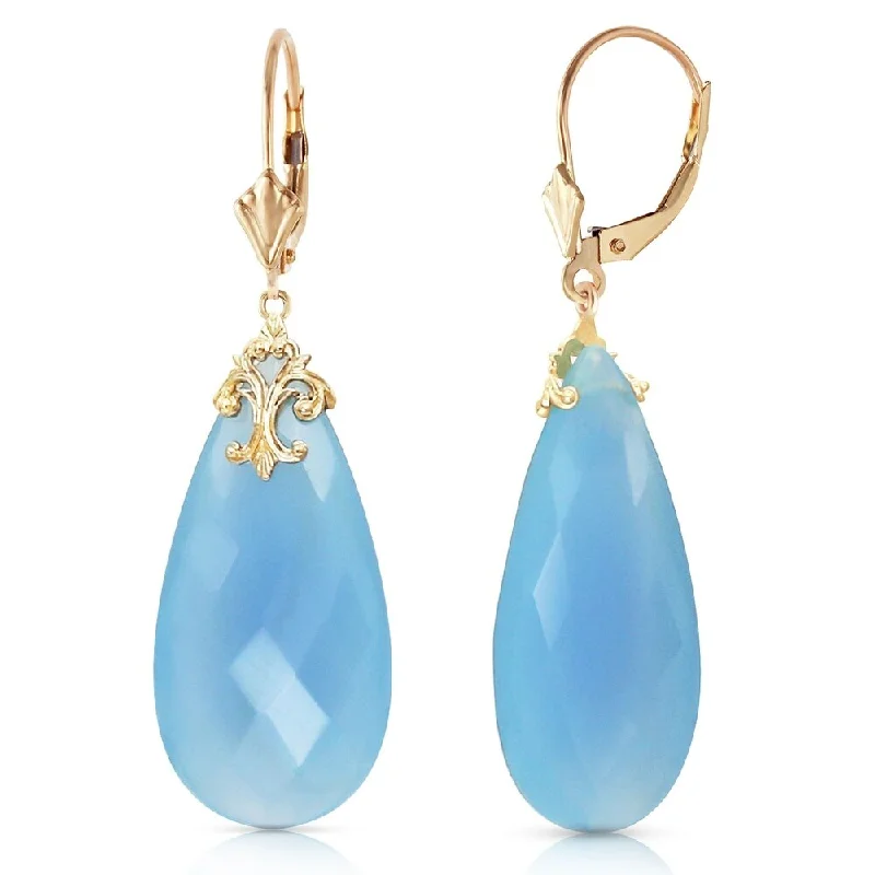 Solar glow earrings-14K Solid Gold Leverback Earrings with Briolette 31x16 mm Aqua Blue Chalcedony