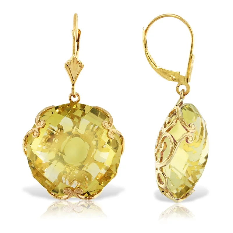 Glossy gold earrings-14K Solid Gold Leverback Gemstone Earrings Round Lemon Quartz Jewelry