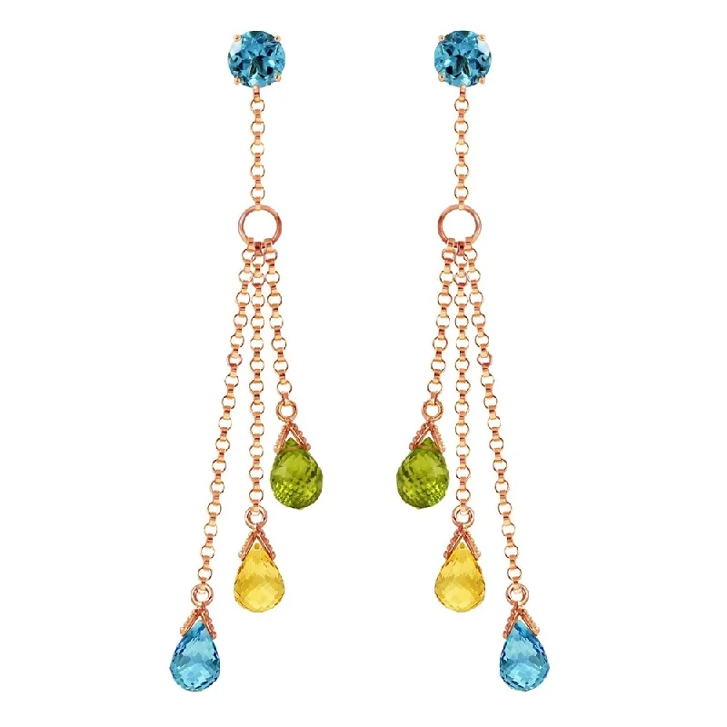 Held stone earrings-14K Solid Rose Gold Chandelier Earrings with Blue Topaz, Citrines & Peridots