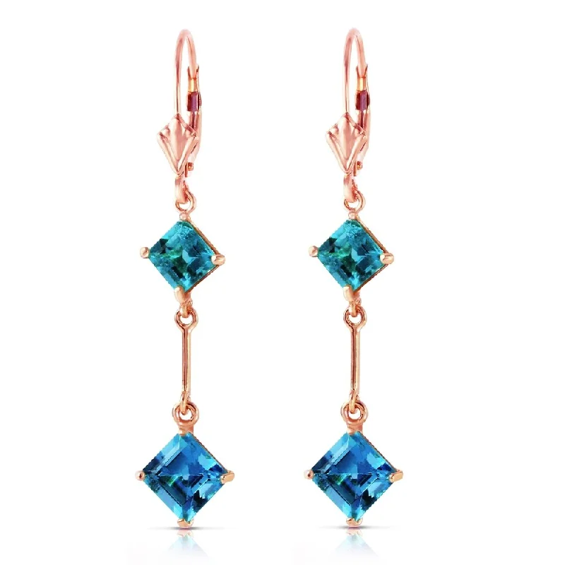 Solid gold earrings-14K Solid Rose Gold Leverback Earrings with Blue Topaz