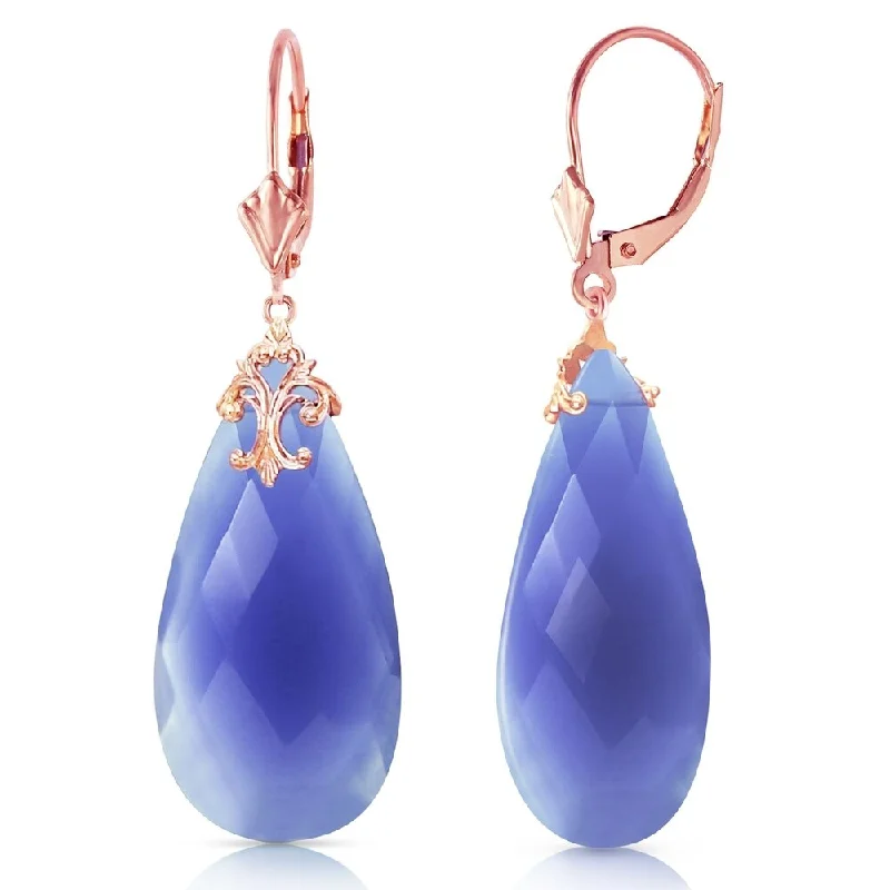 Radiant amethyst earrings-14K Solid Rose Gold Leverback Earrings with Briolette 31x16 mm Deep Blue Chalcedony