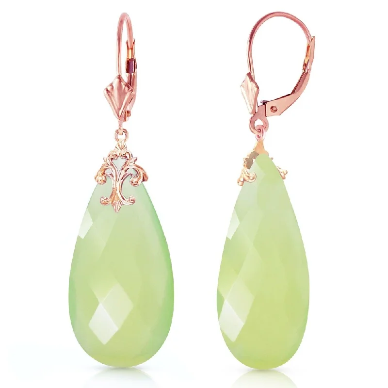 Twisted wire earrings-14K Solid Rose Gold Leverback Earrings with Briolette 31x16 mm Prehnite Color Chalcedony