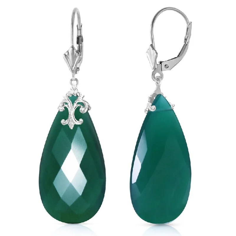 Leafy cluster earrings-14K Solid White Gold Leverback Earrings with Briolette 31x16 mm Deep Green Chalcedony