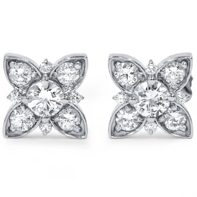 Flush-rim earrings-14k White Gold 1 1/10ct TWD Floral White Diamond Stud Earrings