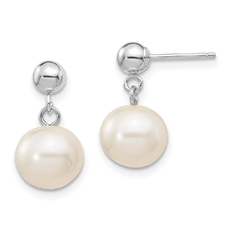 Sleek gem earrings-14k White Gold 8-8.5mm White Round Freshwater Cultured Pearl Dangle Post Earrings