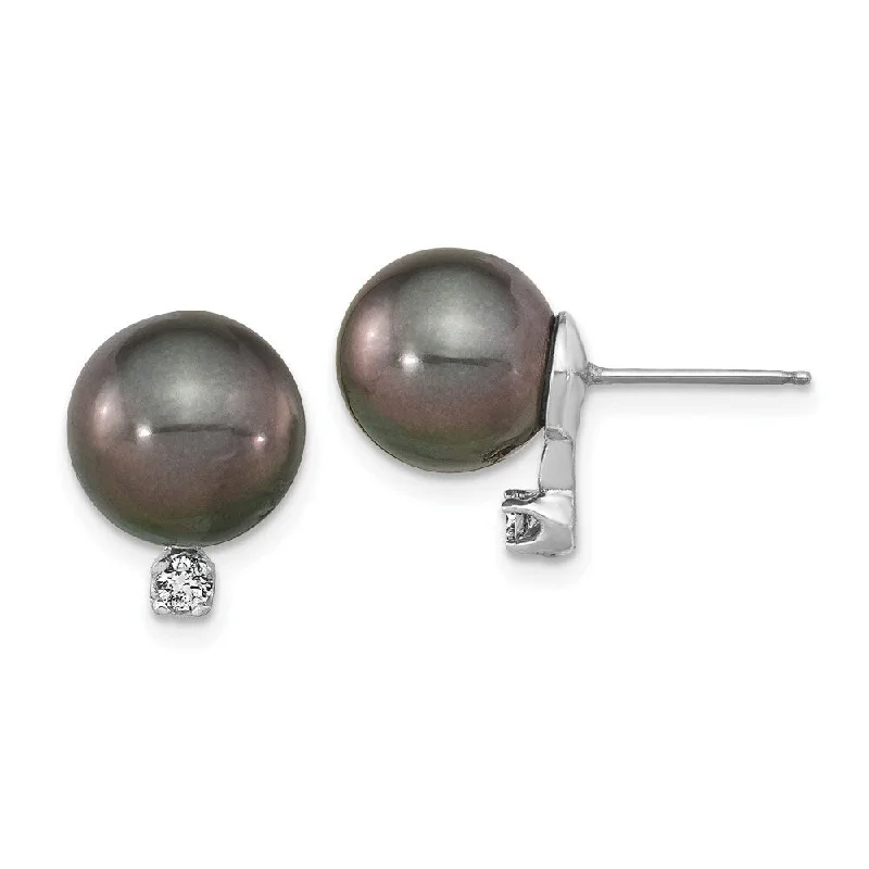 Bent gem earrings-14k White Gold Black Tahitian Cultured Pearl Diamond (L-15 mm, W-10 mm)