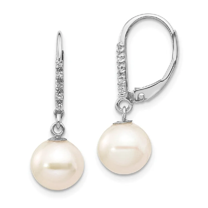 Satin cobalt earrings-14k White Gold White Pearl Dangle Earring (L-8 mm, W-9 mm)