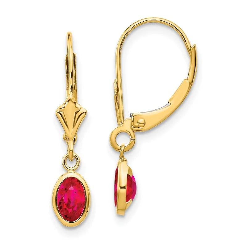 Recessed stone earrings-14k Yellow Gold 6x4 Oval Bezel July Ruby Lever back Earrings (L-23 mm, W-4 mm)